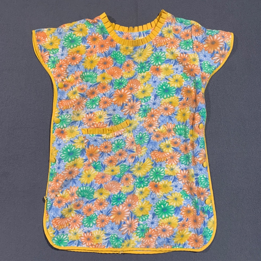 Vintage Floral House Dress Apron Button Up Smock Cottagecore Pastel Flowers Sz L